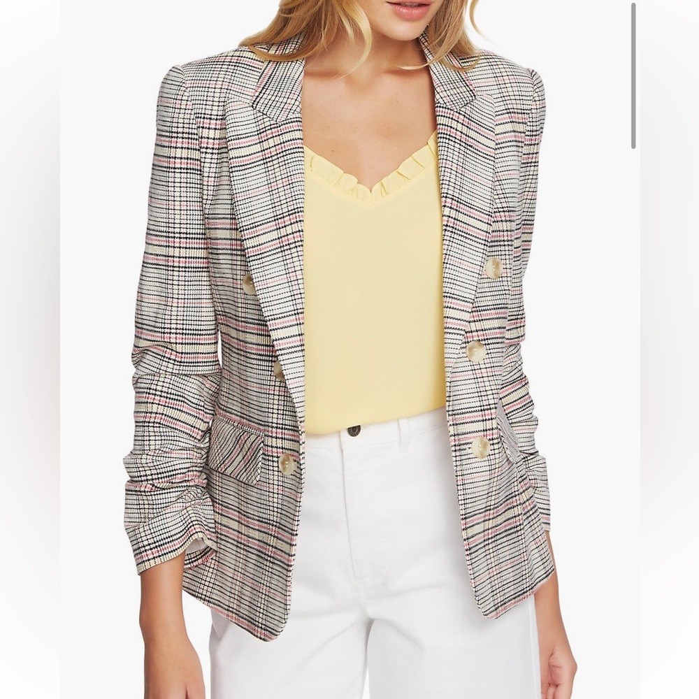 1.STATE Double Breasted Plaid Blazer Ruched Sleeve Size S